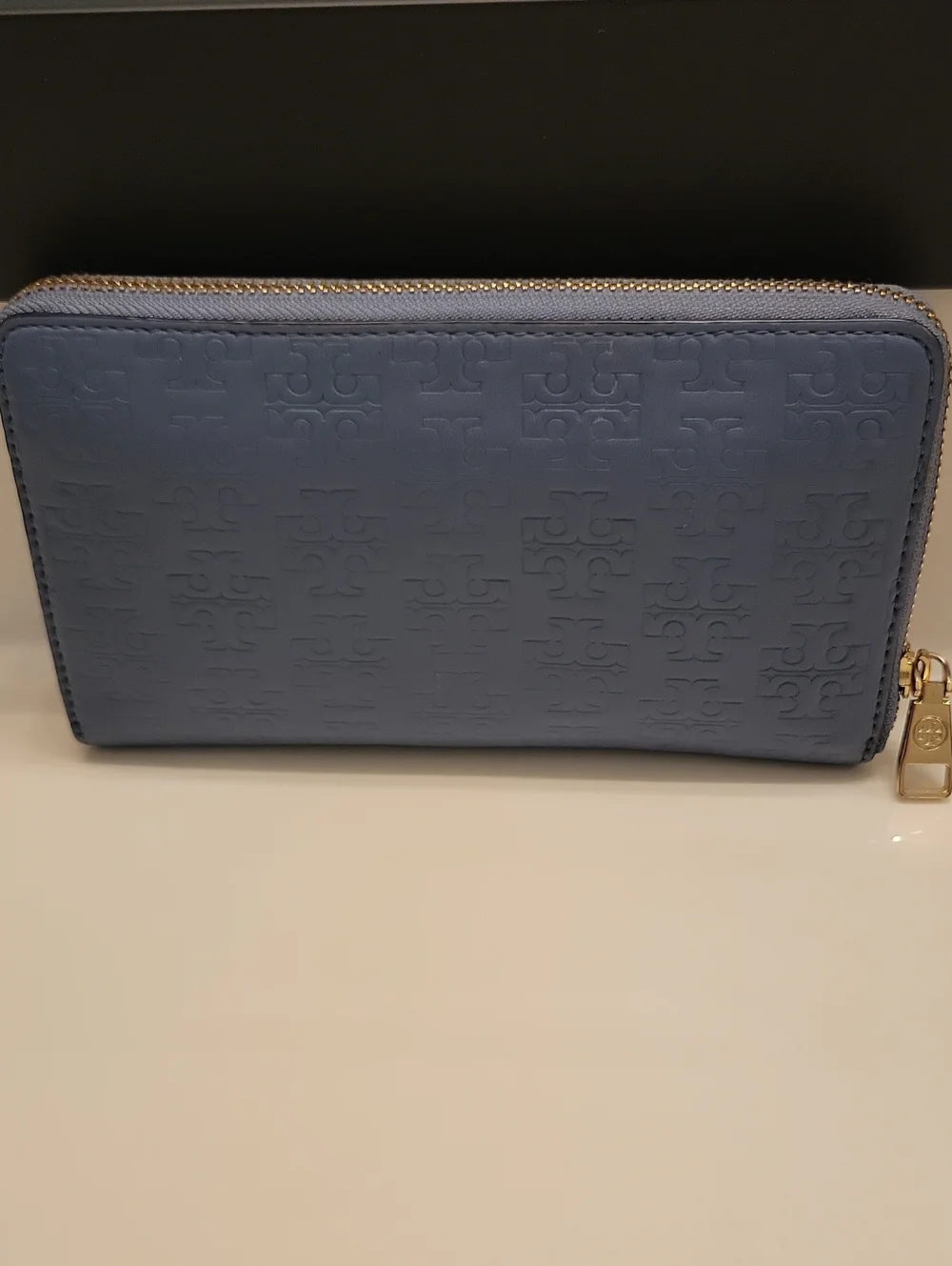 Tory Burch Periwinkle Embossed Logo Zip Wallet
